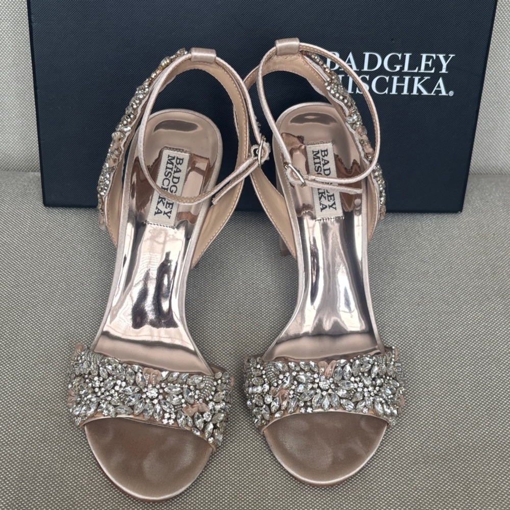 Badgley Mischka Crystal Embellished Heels - Silver and Tan